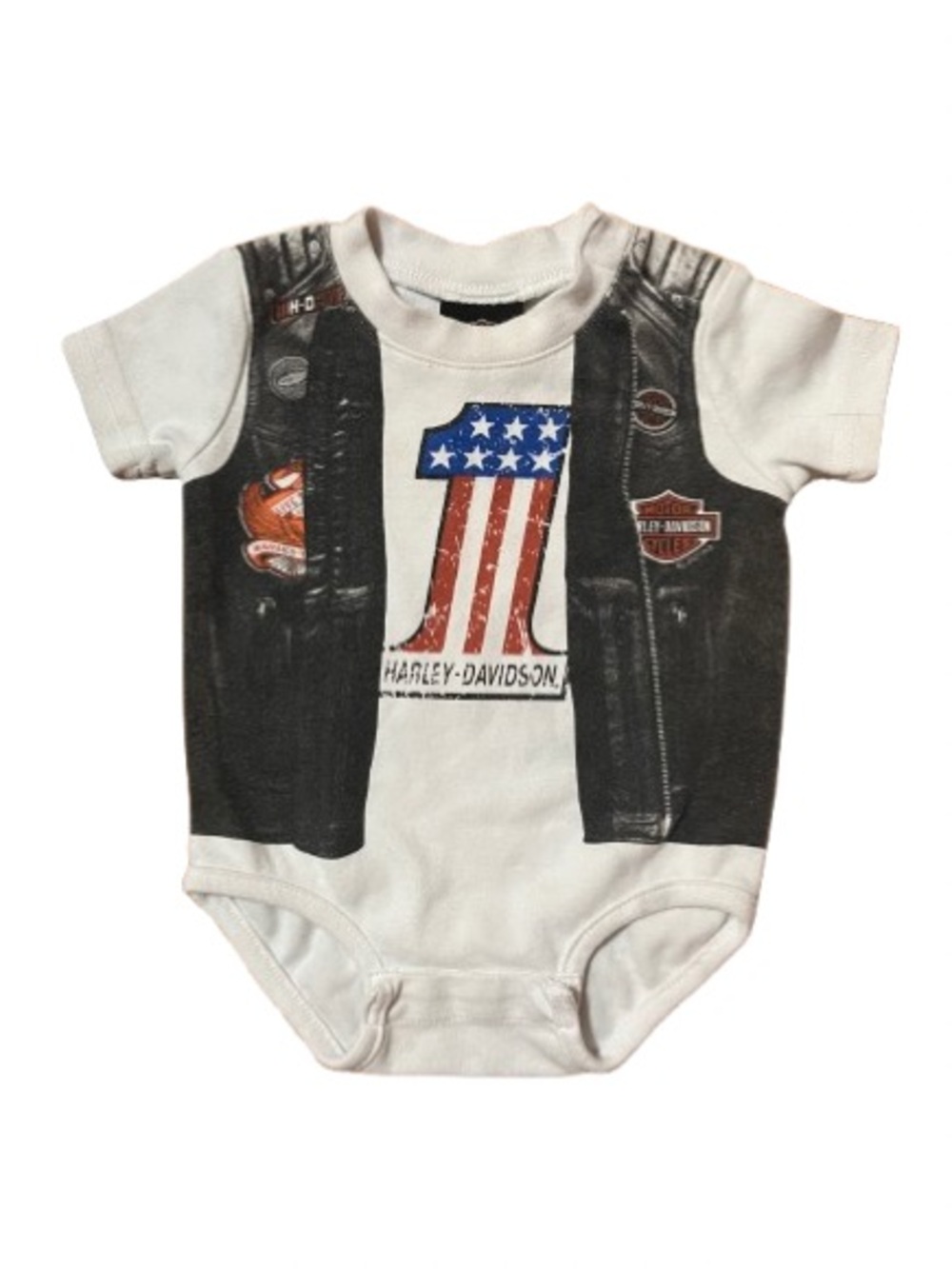 Harley-Davidson Baby Onesie with American Flag Graphic Size 3/6 Months